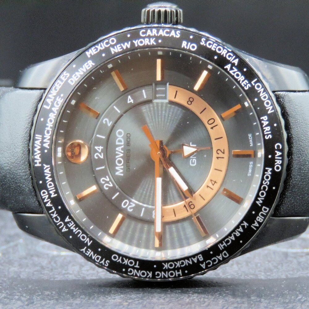 Movado Black Series 800 GMT World-Time 24 Hr Steel Watch Model 2600118